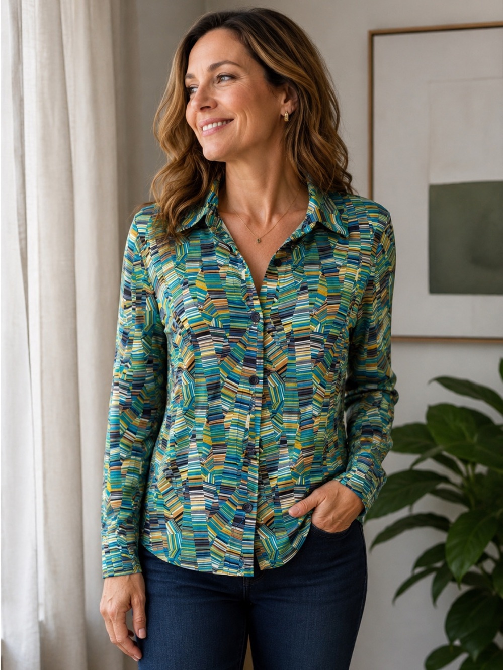 Women’s Multicolor Geo-Print Button-Up Top From Designer brand Pia